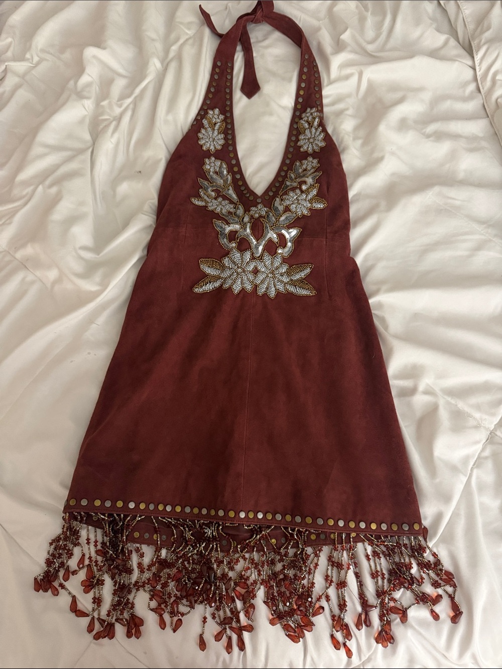Nasty Gal Genuine Suede Burgundy Halter Mini Dress with Beaded Fringe